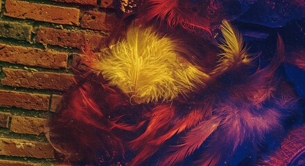 Poster - A colorful image of feathers and a brick wall
