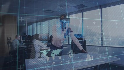 Poster - Businessman wearing VR headset touching table launching hologram map and 3D globe analyzing data