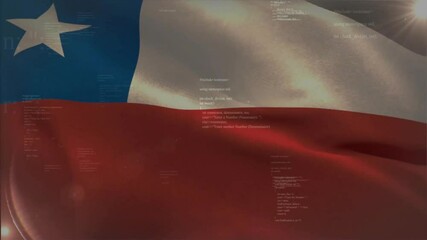 Poster - Subtle light appearing and initiating Chilean flag undulating with scrolling code showing data