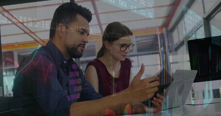 Poster - Coworkers leaning in and pointing at tablet starting business analysis while laptop chart updating