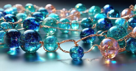 Poster - Sparkling glass orbs connected by copper wire. Beautiful reflections, vibrant colors, soft lighting create dreamy scene.