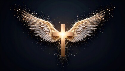 Poster - Divine Light, Angelic Wings Converging on a Cross in Abstract Flat Lay