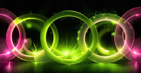 Poster - Bright concentric circles overlap, creating vibrant light effects. Pink, green hues dominate dark background. Futuristic design.