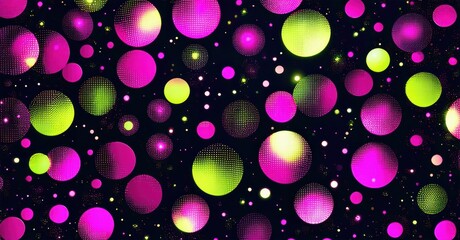 Fototapete - Vibrant circles, varying sizes, illuminate dark background. Pink, green hues create playful, energetic visual effect.