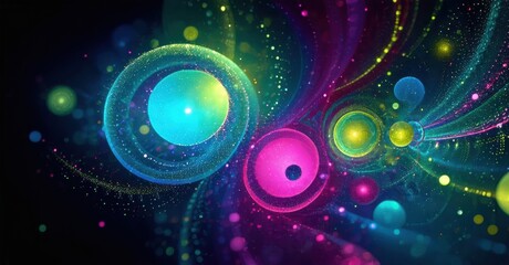Aufkleber - Vibrant abstract artwork. Colorful orbs, swirls, particles create dynamic energy. Deep blacks contrast bright hues. Beautiful, complex design.