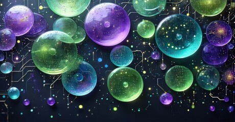 Aufkleber - Vibrant bubbles float amid dark background. Circuitry patterns add futuristic feel. Colors include purple, green, blue hues.