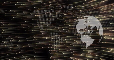 Poster - On scene start digital globe rotating as light streaks streaming visualizing global data links