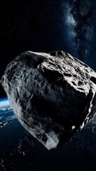 dramatic asteroid hurtling through deep space above a blue earth and starry sky for science and cosm