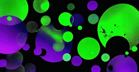 Fototapete - Abstract composition featuring vibrant green, purple circles. Dots create textured effect against dark background. Modern digital art.