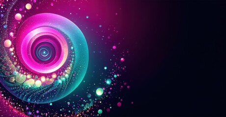 Aufkleber - Vibrant spiral design. Pink, turquoise hues dominate. Particles scatter across dark background. Abstract digital art. Beautiful, energetic composition.