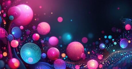 Fototapete - Vibrant spheres, dots create abstract background. Pink, blue hues dominate dark space. Dynamic, energetic composition.