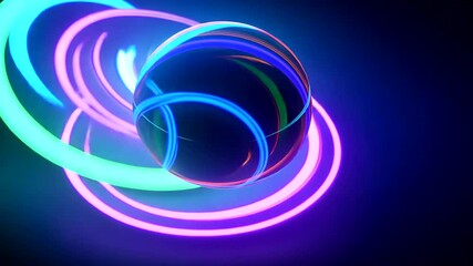 Wall Mural - colorful neon light trails swirl around a reflective sphere in a dark background, creating dynamic m