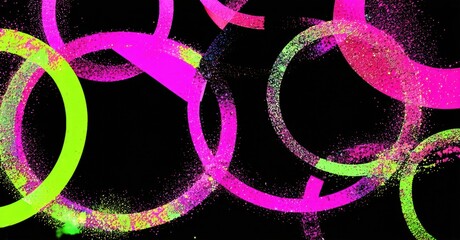 Leinwandbilder - Bright colorful rings overlap, creating dynamic abstract pattern. Vivid hues contrast against dark background. Glitter effect present.