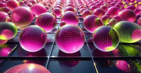 Aufkleber - Pink spheres reflect endlessly on glossy black surface. Intense light creates vibrant, repeating patterns. Futuristic, abstract composition.