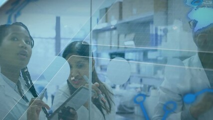 Poster - two scientists tracing nodes, typing on tablet in lab as man tapping flow line, refining model