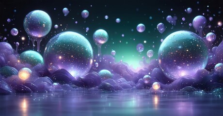 Poster - Fantastic landscape features glowing orbs, purple terrain, reflective water. Dreamlike scene evokes mystery, wonder, cosmic beauty.