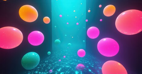 Poster - Vibrant spheres float within dark space. Bright colors create playful, dreamy atmosphere. Light illuminates textured floor.