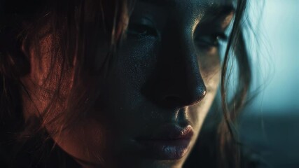 Poster - Dramatic shadowy lighting casting deep contrast across contemplative woman's face, revealing intense emotional state with powerful cinematic aesthetics