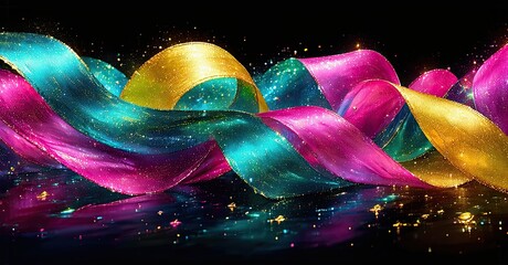 Poster - Vibrant ribbons flow, intertwining. Gold, pink, turquoise hues shimmer over dark background. Glitter adds sparkle, creating festive mood.