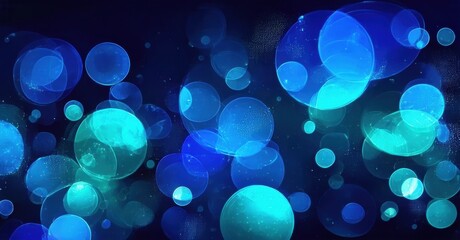 Poster - Abstract background features vibrant blue bubbles, varying sizes, soft glow. Dark backdrop enhances luminosity, creating ethereal effect.