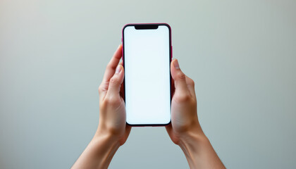 hands holding smartphone with blank white screen, isolated on gray background, showing empty display