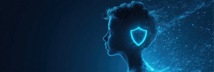 Aufkleber - Teen Profile Icon With a Cyber Shield Rising in a Glowing Orb, Surrounded by Digital Effects