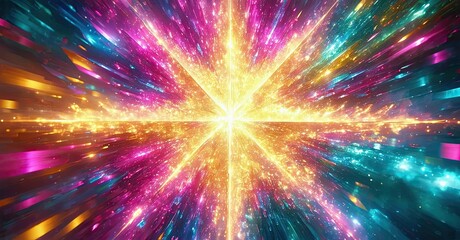 Aufkleber - Bright explosion radiates energy. Vivid colors streak outward from central point, creating dynamic visual effect. Intense light dominates composition.