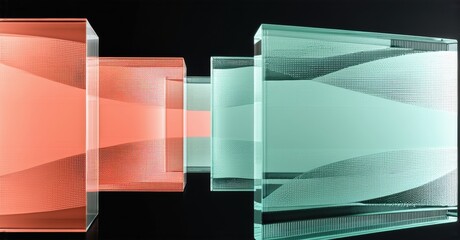 Aufkleber - Abstract glass structures, red, teal hues. Light beams pass through, creating visual effect. Modern design, studio shot.
