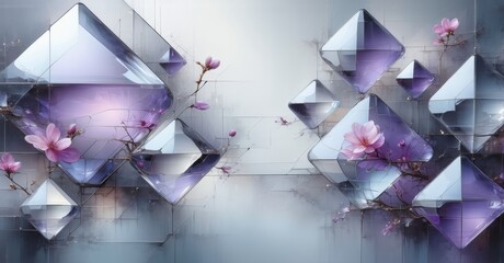 Poster - Abstract composition features crystal pyramids, delicate floral branches. Soft lighting creates ethereal, reflective atmosphere. Minimalist design.