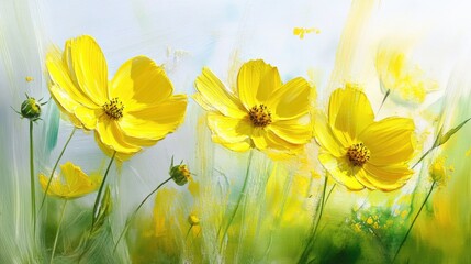 Poster - Yellow cosmos flowers blended with soft watercolor brushstrokes on textured paper, natural light and detail