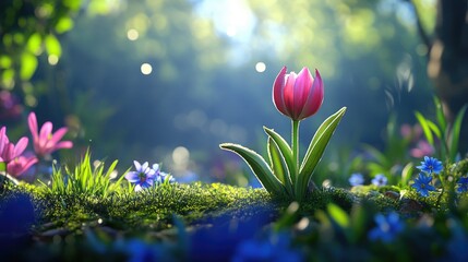 Poster - Tulip in full bloom with soft focus background of spring lights and colors
