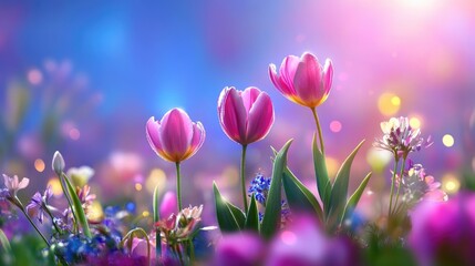 Poster - Tulip in full bloom with soft focus background of spring lights and colors