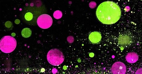 Poster - Vibrant circles, pinks, greens float against dark backdrop. Texture suggests spray paint effect, energetic composition.