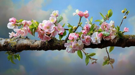 Poster - Realistic spring flowers blooming on a fruit tree limb, captured in full natural detail