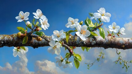 Poster - Realistic spring flowers blooming on a fruit tree limb, captured in full natural detail
