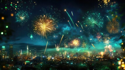 Aufkleber - Golden and emerald fireworks exploding over a city skyline, retro New Year's theme