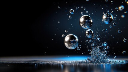 Poster - Floating glimmer lights in silver and steel blue against a shadowy abstract background