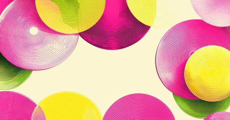 Leinwandbilder - Abstract circles overlap, creating vibrant patterns. Pink, yellow, green hues dominate neutral background. Modern design elements present.