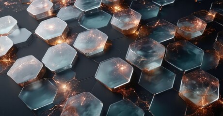Leinwandbilder - Hexagonal cells glow, emitting sparks. Dark background emphasizes crystalline structures, creating futuristic aesthetic. Complex network visible.