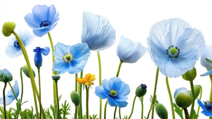 Poster - Delicate blue flowers in watercolor style, including poppies and summer anemones