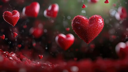 Poster - Delicate red bokeh hearts floating in darkness, romantic light particles for love themes