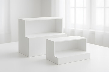Poster - Geometric Display Steps: Minimalist studio setup showcasing two clean, white geometric display steps, perfect for showcasing products in a modern context.