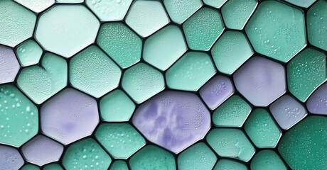Aufkleber - Abstract macro view, hexagonal cells. Teal, lavender hues dominate composition. Bubbles create interesting texture, pattern.
