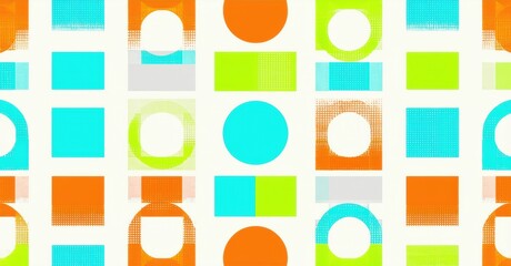 Aufkleber - Geometric pattern features squares, circles, rectangles. Bright colorsorange, turquoise, limecreate playful, retro aesthetic. Simple shapes repeat.
