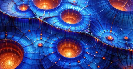 Aufkleber - Intricate fractal pattern. Blue, orange hues create mesmerizing honeycomb structure. Complex details, digital art.
