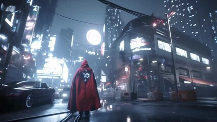 Poster - Cyberpunk urban landscape with a mysterious hooded figure walking in a futuristic city at night with neon lights and rain reflecting on the wet streets