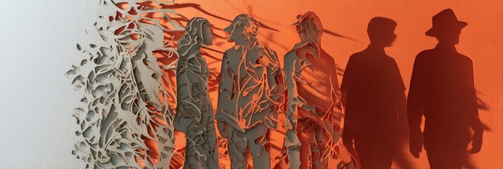 Aufkleber - Creative Paper Collage Effect Featuring Cut-Out Player Silhouettes With Dramatic Shadows on an Orange Background