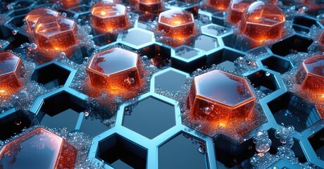 Aufkleber - Hexagonal grid. Glowing orange cubes float above blue cells. Water droplets surround structures. Dark background enhances vibrant colors.