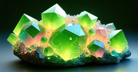 Poster - Vibrant crystals cluster upon dark surface. Light refracts, creating luminous glow. Colors blendgreen, blue, orangebeautiful formation.