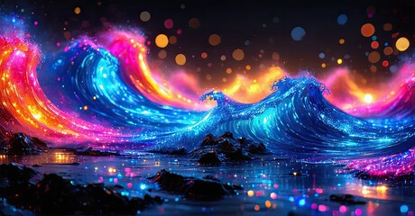 Aufkleber - Vibrant waves glow, illuminated by colorful light. Water reflects sparkles, creating magical ocean scene. Dramatic sky complements dynamic energy.